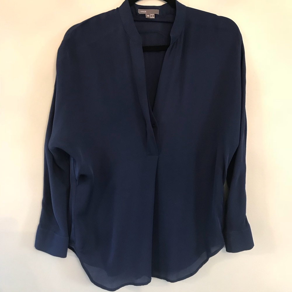 Vince - Split-Neck Long-Sleeve Silk Blouse Top